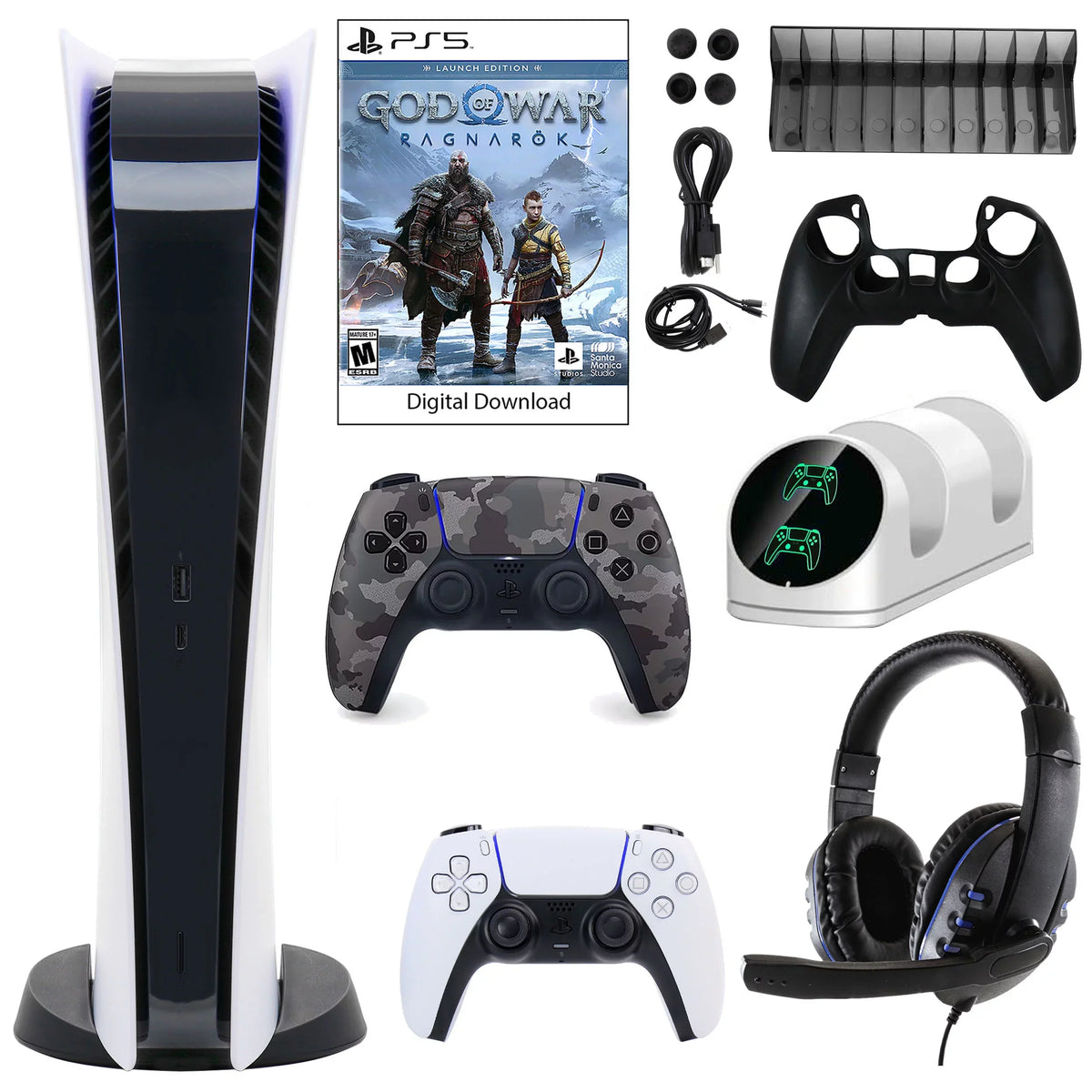 Sony PlayStation 5 Digital  Console with Extra Gray Camo Dualsense Controller and Accessories Kit