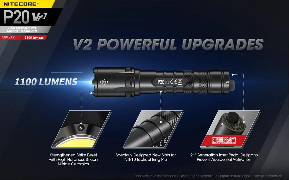 Combo: Nitecore P20 V2 Tactical  Flashlight -  -L2 V6 - 1100 Lumens w/NL189 Battery +2x Free Eco-Sensa CR123A Batteries
