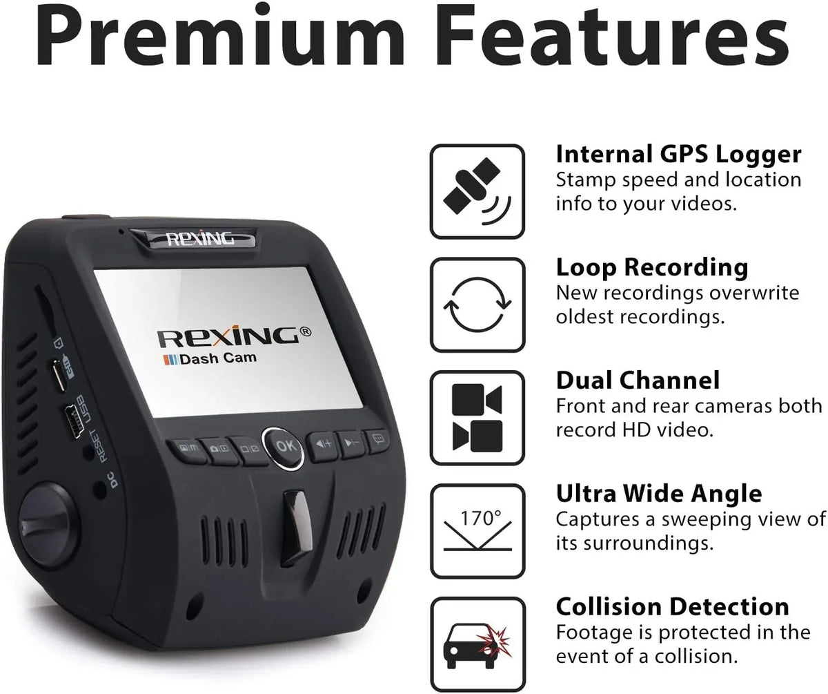 Open Box Rexing V1LG Dual Channel Car Dash Cam  1080p - Black
