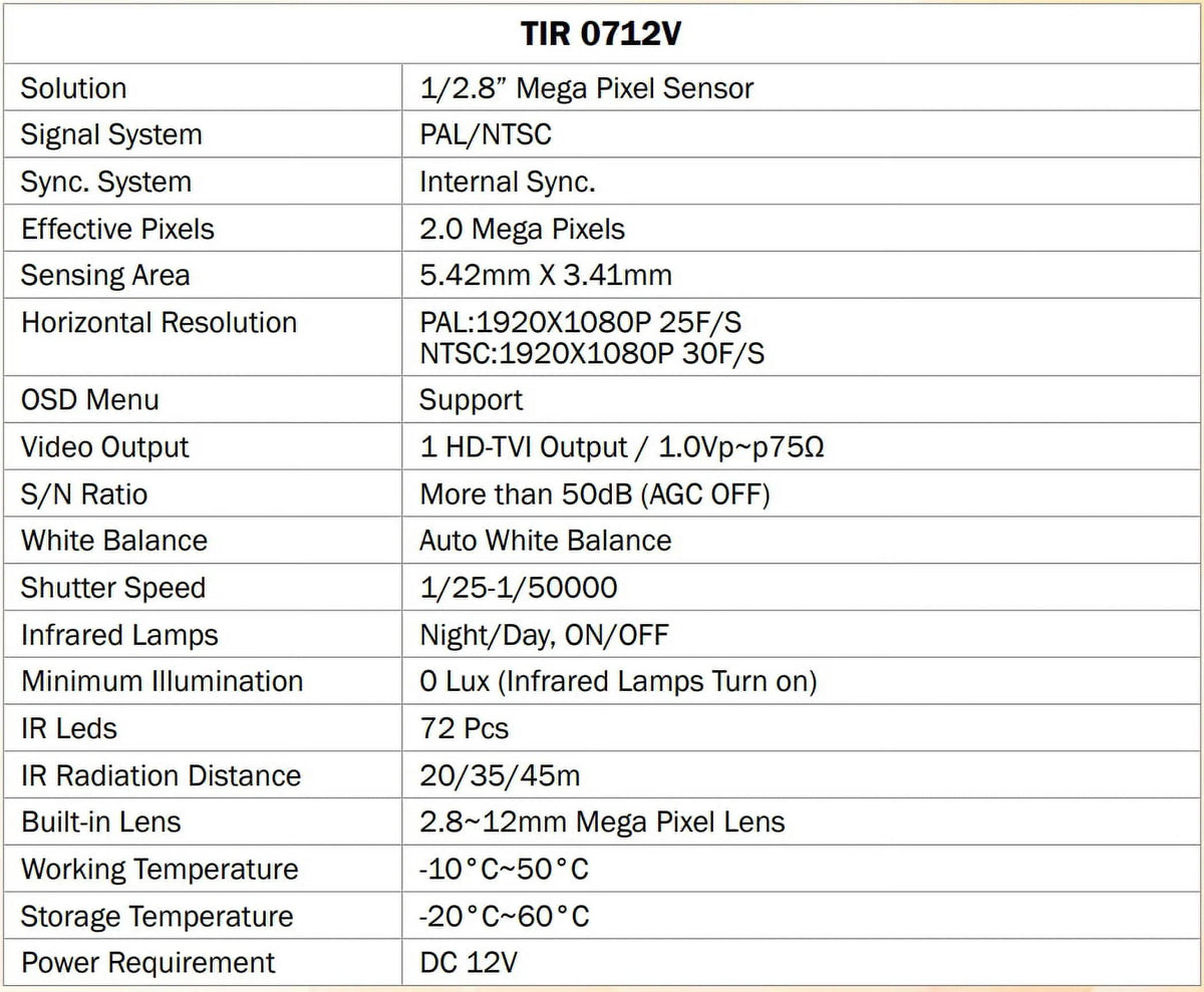 Eyemax -0712V - 2MP Outdoor Bullet Camera, 2.8-12mm, 72   12V