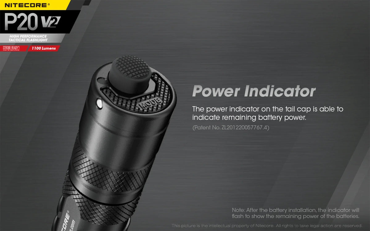 Combo: Nitecore P20 V2 Tactical  Flashlight -  -L2 V6 - 1100 Lumens w/NL189 Battery +2x Free Eco-Sensa CR123A Batteries